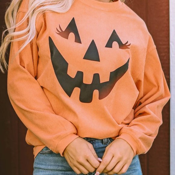 Nooklia Tops - Orange Pumpkin Smile Face Graphic Sweatshirt